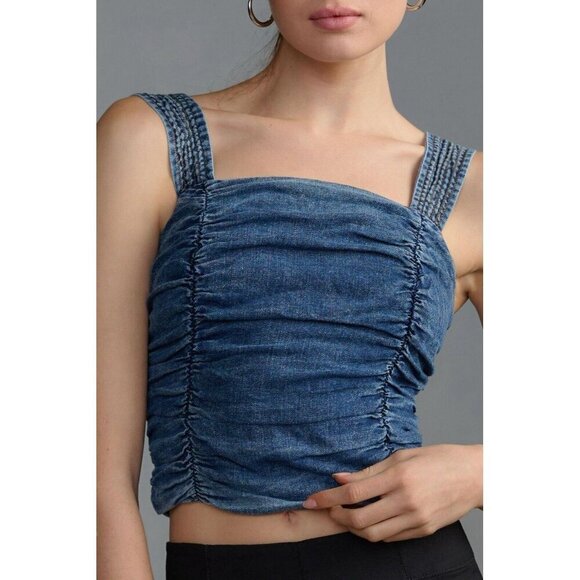 Anthropologie Pilcro Ruched Square-Neck Top Denim Tank Top Size XSP. EUC - Picture 4 of 10